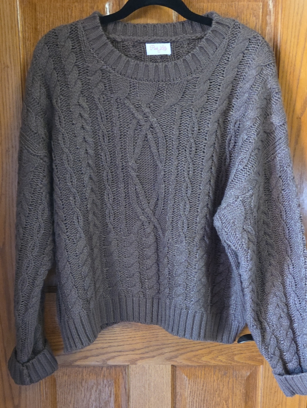 Pink Lily Brown Cable Knit Crewneck Sweater